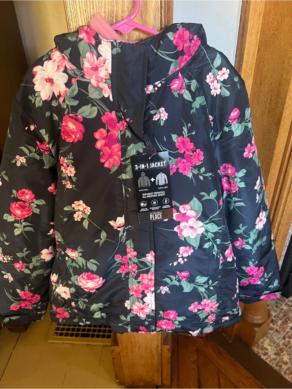 The Children's Place Black Floral 3-in-1 Puffer Jacket size 10/12